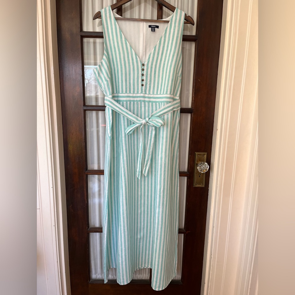 Striped Green and White Linen Maxi Dress with Pockets